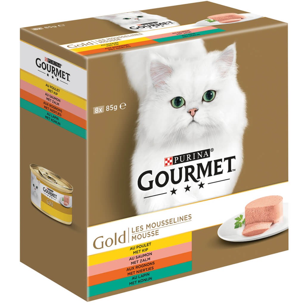 Gourmet Gold 8-Pack Mousse met kip/zalm/niertjes/konijn kattenvoer