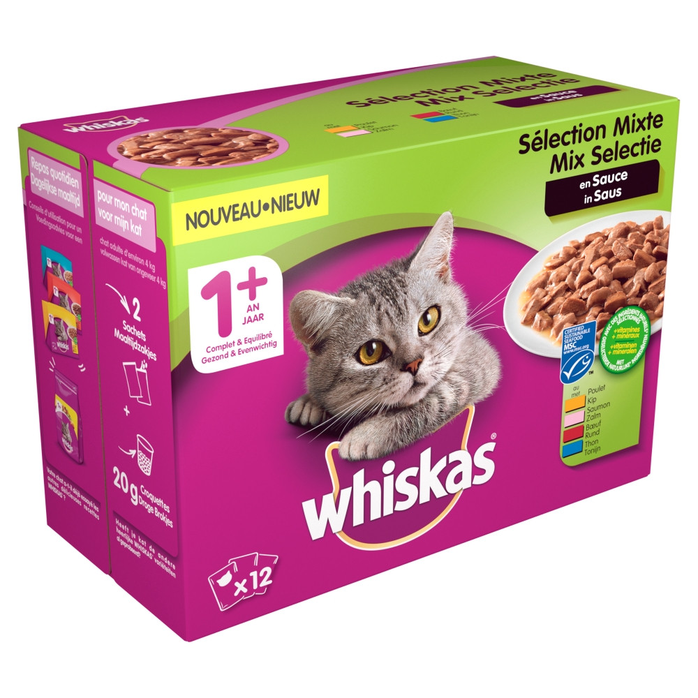 Whiskas 1+ Mix in saus pouches multipack 12 x 100g