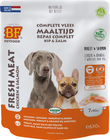 BF Petfood Vleesvoeding kip met zalm hondenvoer portieverpakkingen