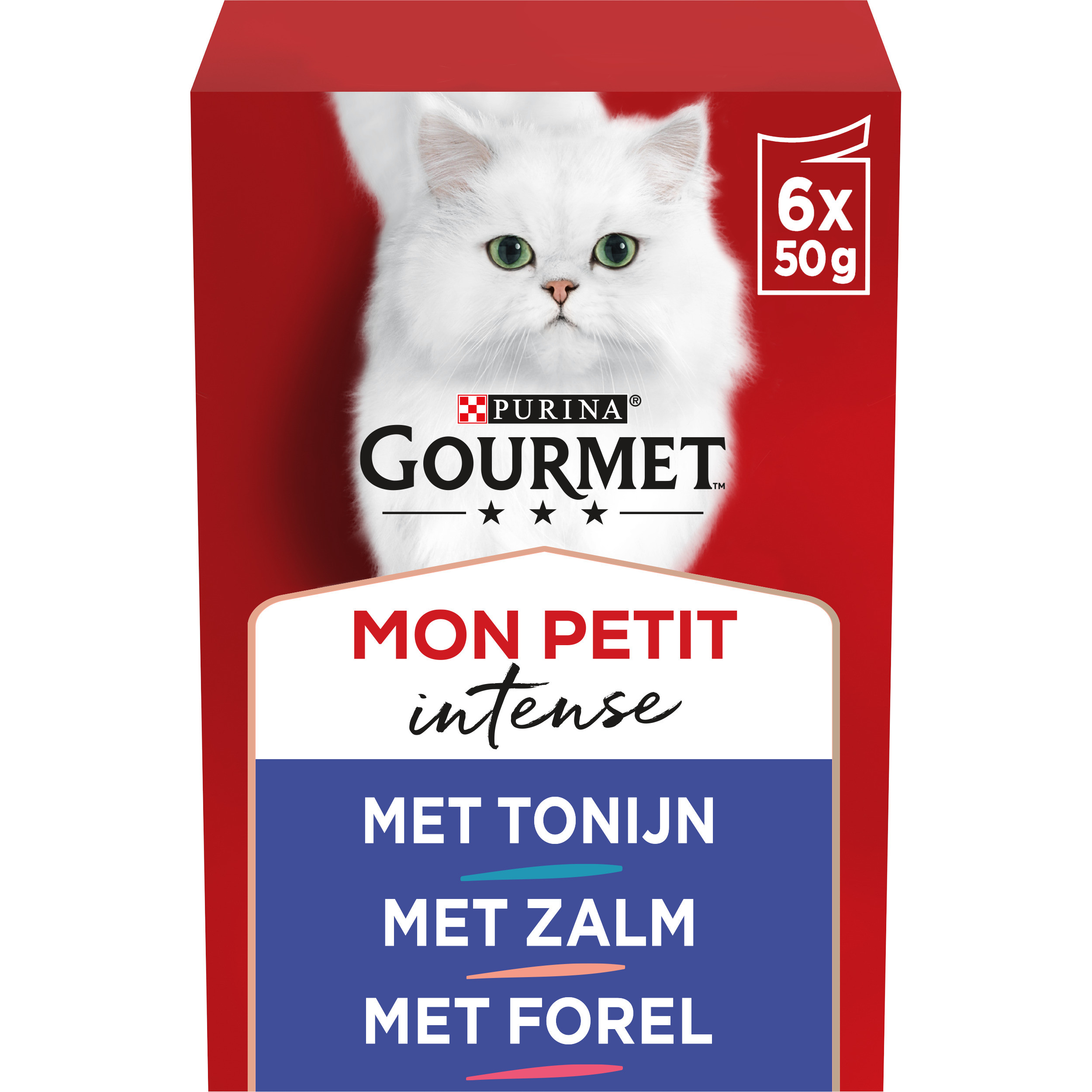 Gourmet Mon Petit Intense met tonijn, zalm en forel natvoer kat
