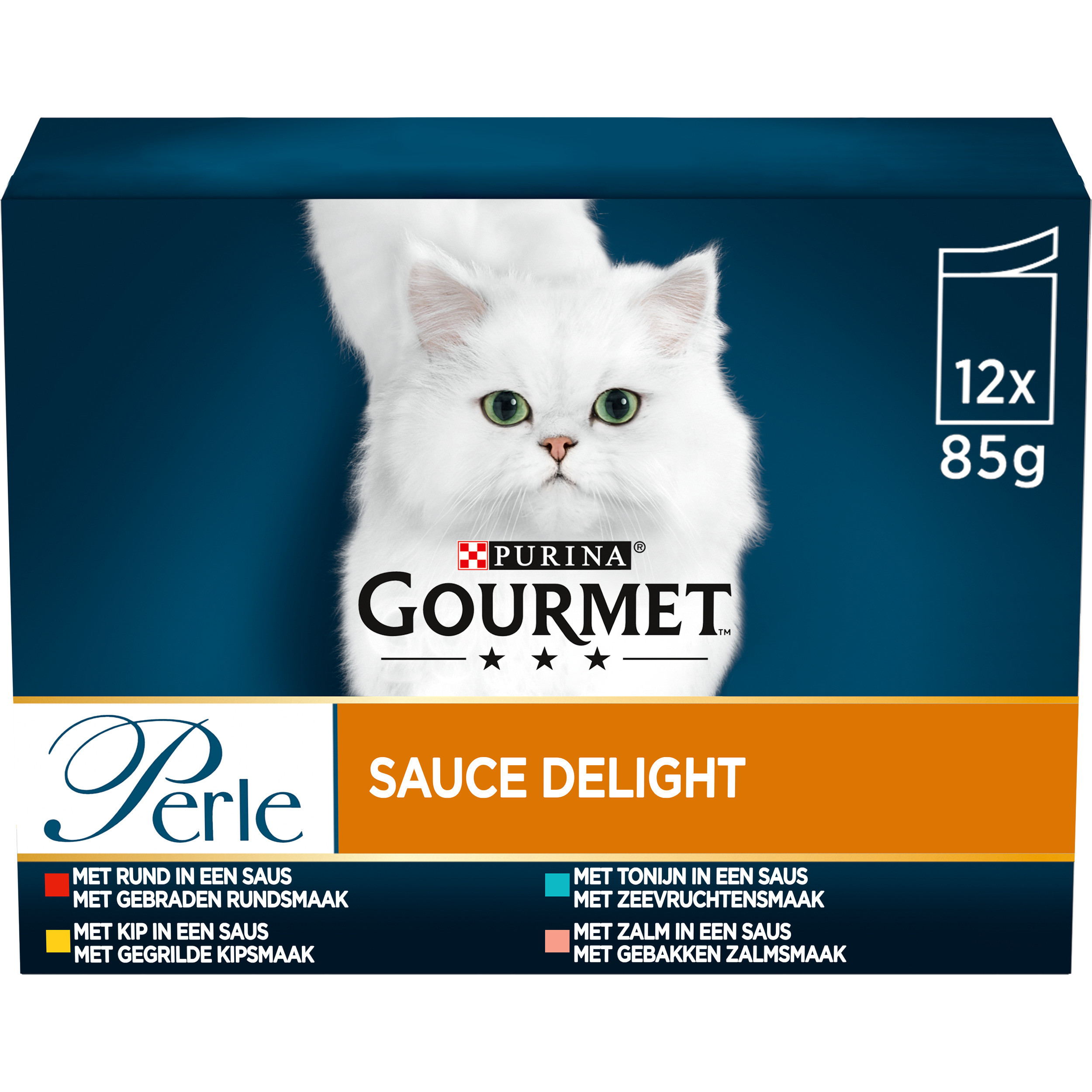 Gourmet Perle Sauce Delight- rund/kip/tonijn/zalm 12x85g  nat kattenvoer
