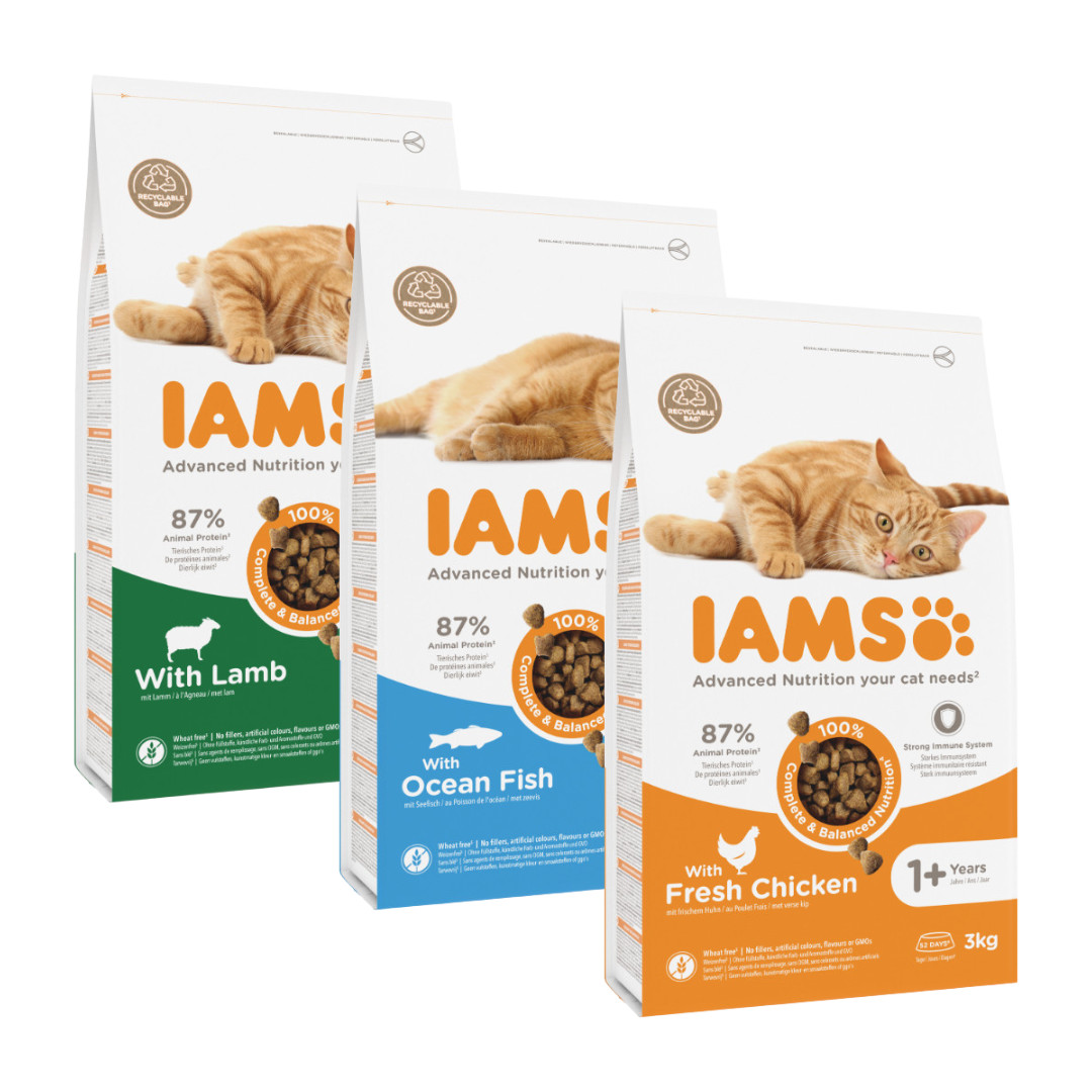 Iams Adult combipack met vis, lam, kip kattenvoer