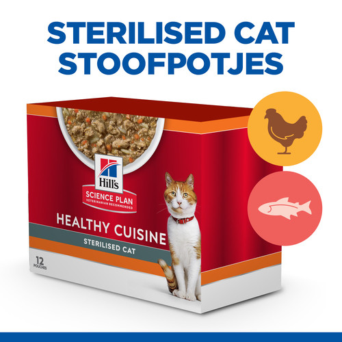 Hill's Healthy Cuisine Adult Sterilised stoofpotje met kip & groenten, met zalm & groenten multipack kat