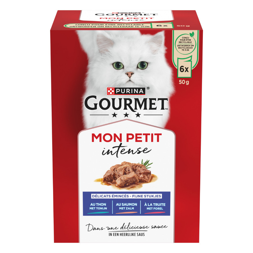 Gourmet Mon Petit Intense met tonijn, zalm en forel natvoer kat