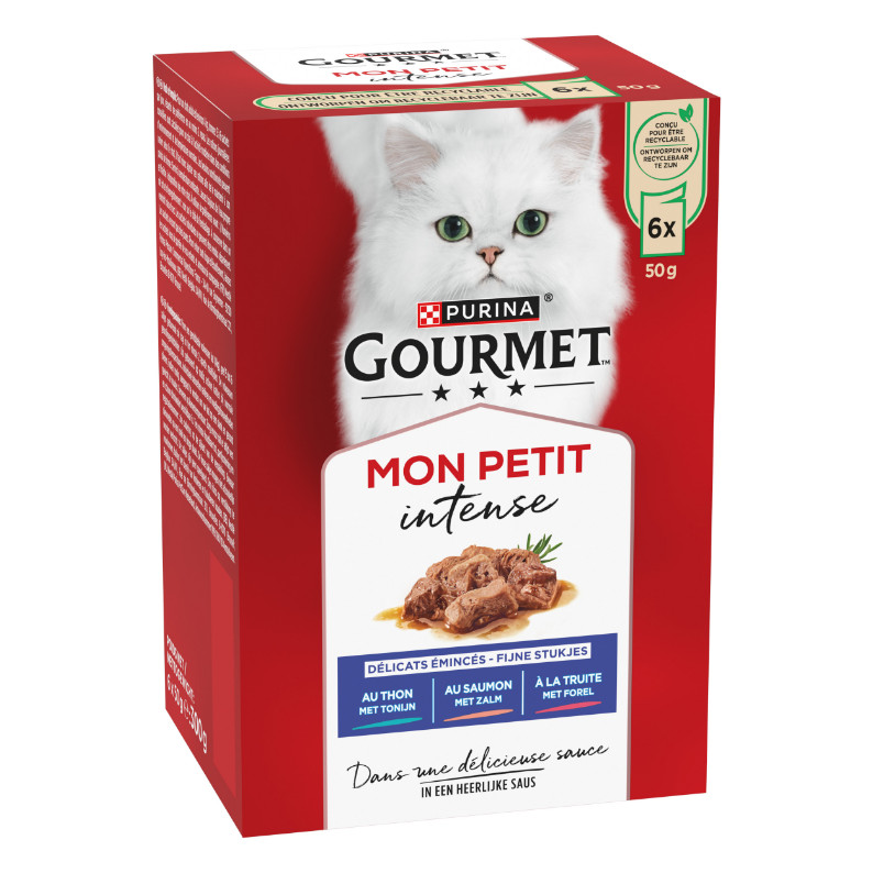 Gourmet Mon Petit Intense met tonijn, zalm en forel natvoer kat