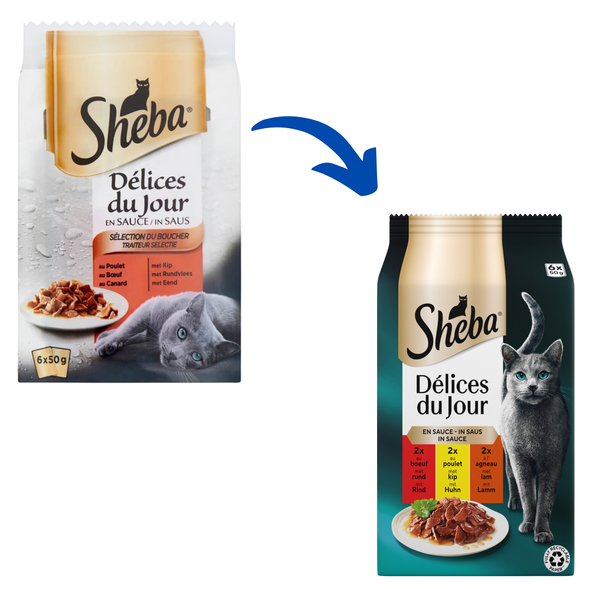 Sheba Délices du Jour met rund, kip en lam in saus natvoer kat