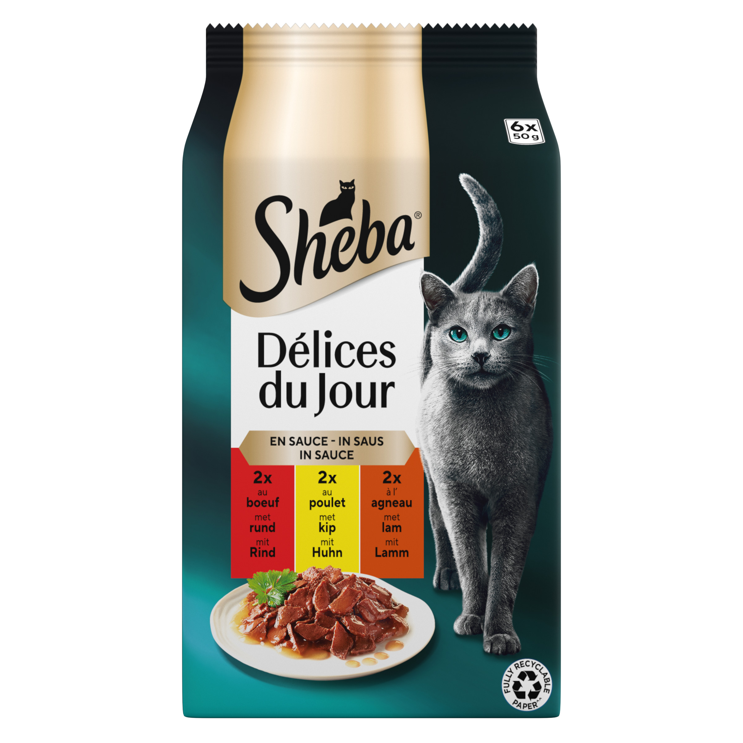 Sheba Délices du Jour met rund, kip en lam in saus natvoer kat