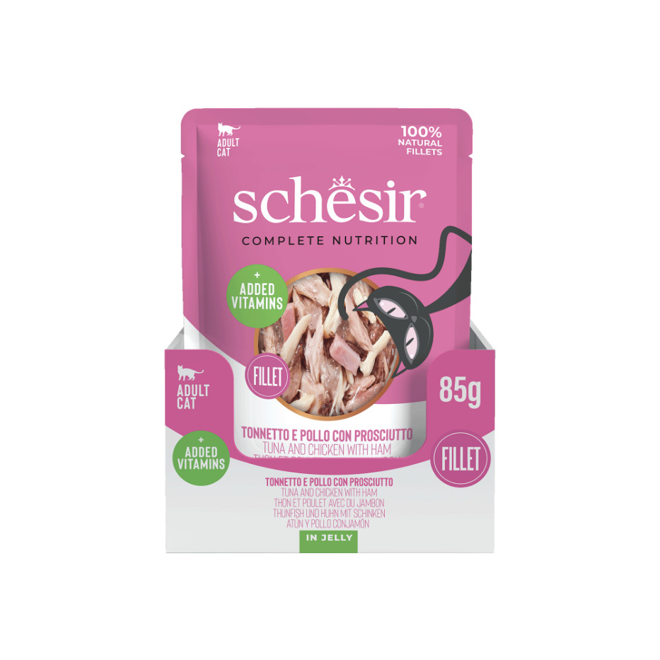 Schesir tonijn, kip met ham (jelly) natvoer kat (zakjes 85 g)