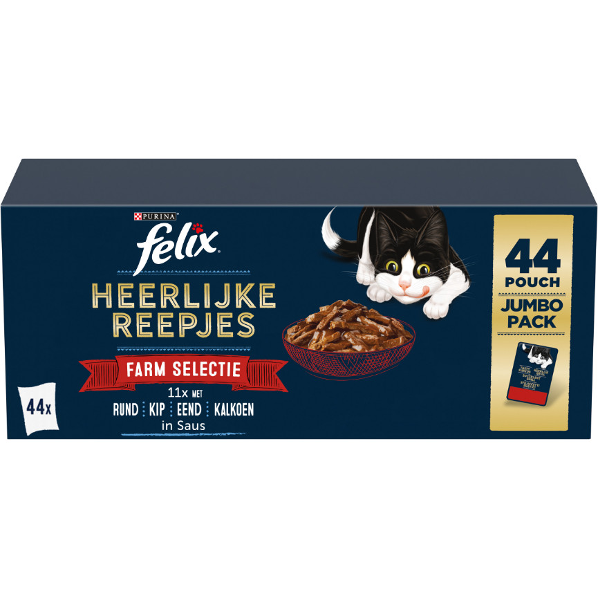 Felix Heerlijke Reepjes Farm selectie met rund, kip, eend, kalkoen in saus (44x80g)