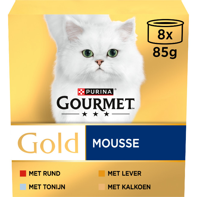 Gourmet Gold Mousse met tonijn, lever, kalkoen, rund natvoer kat (85 g)