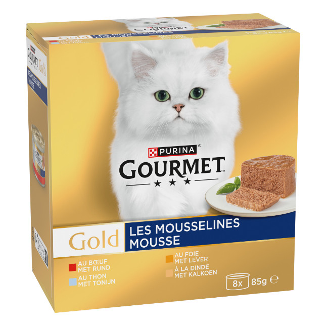 Gourmet Gold Mousse met tonijn, lever, kalkoen, rund natvoer kat (85 g)