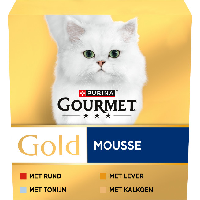 Gourmet Gold Mousse met tonijn, lever, kalkoen, rund natvoer kat (85 g)