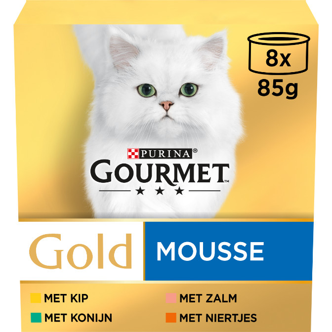 Gourmet Gold 8-Pack Mousse met kip/zalm/niertjes/konijn kattenvoer