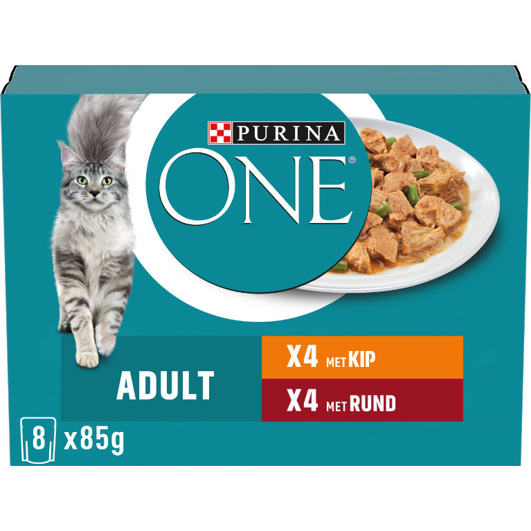 Purina One Adult reepjes in saus met kip en sperziebonen, rund en wortel natvoer kat (8x85g)