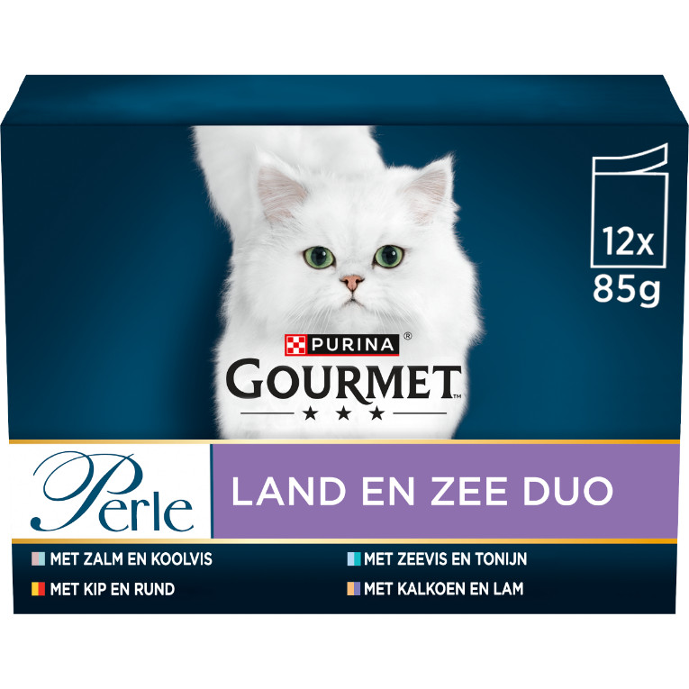 Gourmet Perle Land en Zee Duo met kip+rund en zalm+koolvis natvoer kat (12x85g)