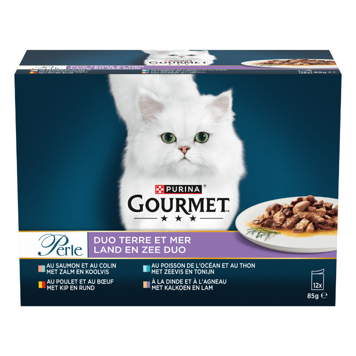 Gourmet Perle Land en Zee Duo met kip+rund en zalm+koolvis natvoer kat (12x85g)