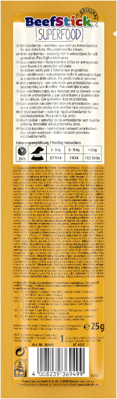 Vitakraft Beefstick Superfood erwten met cranberry hondensnack  (25 g)