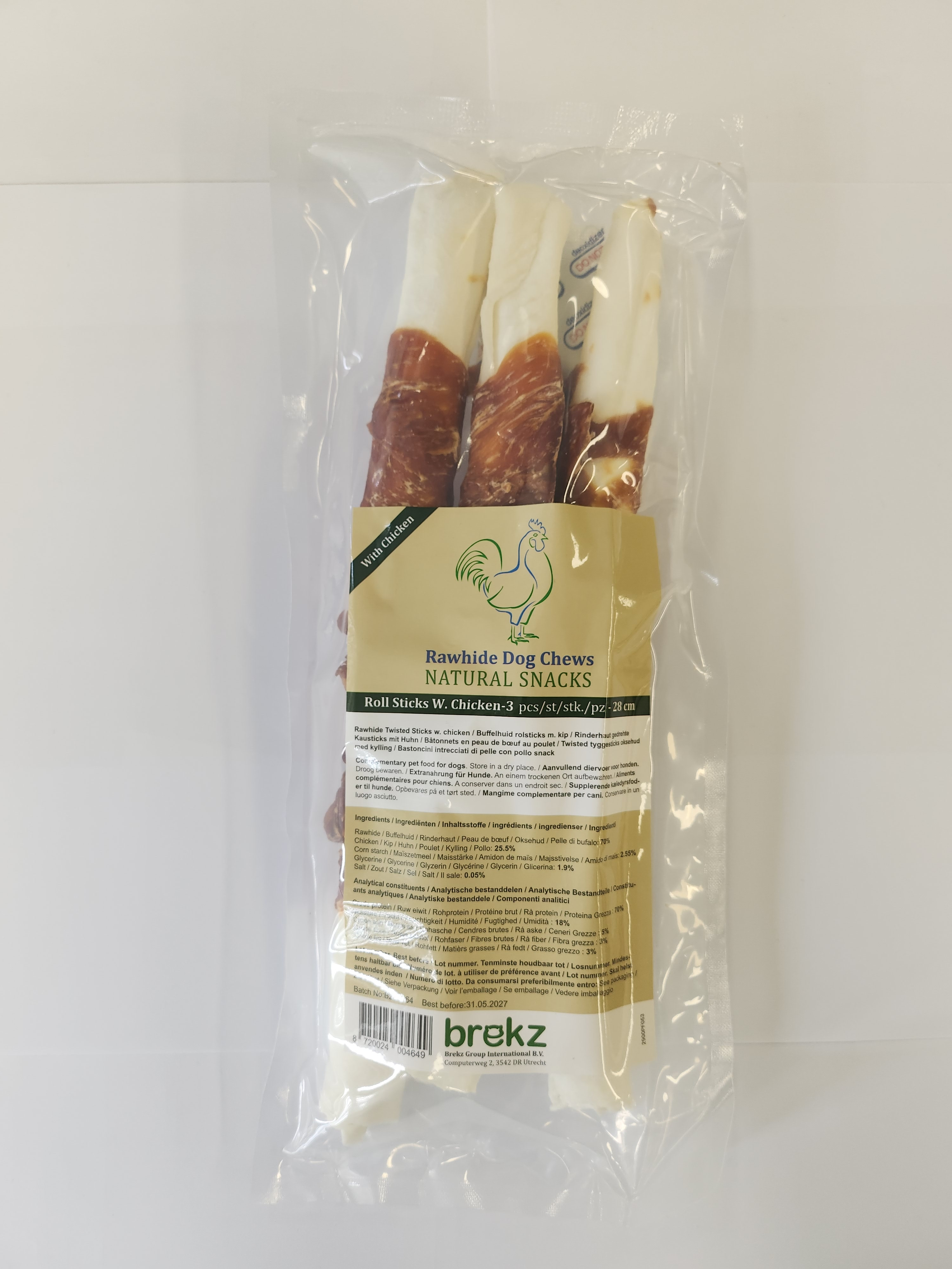 Brekz Rawhide Dog Chews -  runderhuid rolsticks met kip (28 cm)