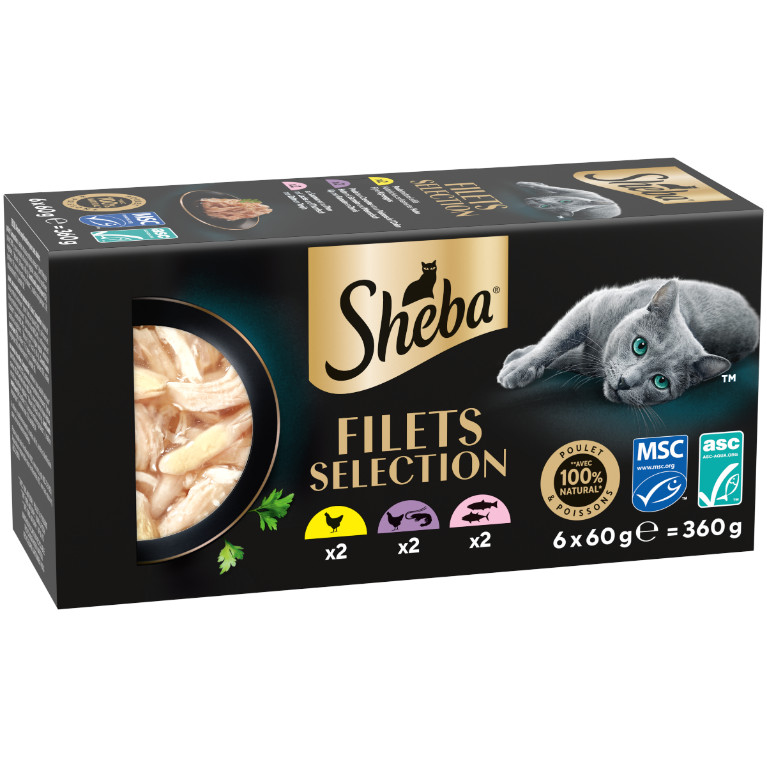 Sheba Filets Selection kip, oceaanvis-garnaal, zalm-tonijn natvoer kat multipack (kuipjes 60 g)