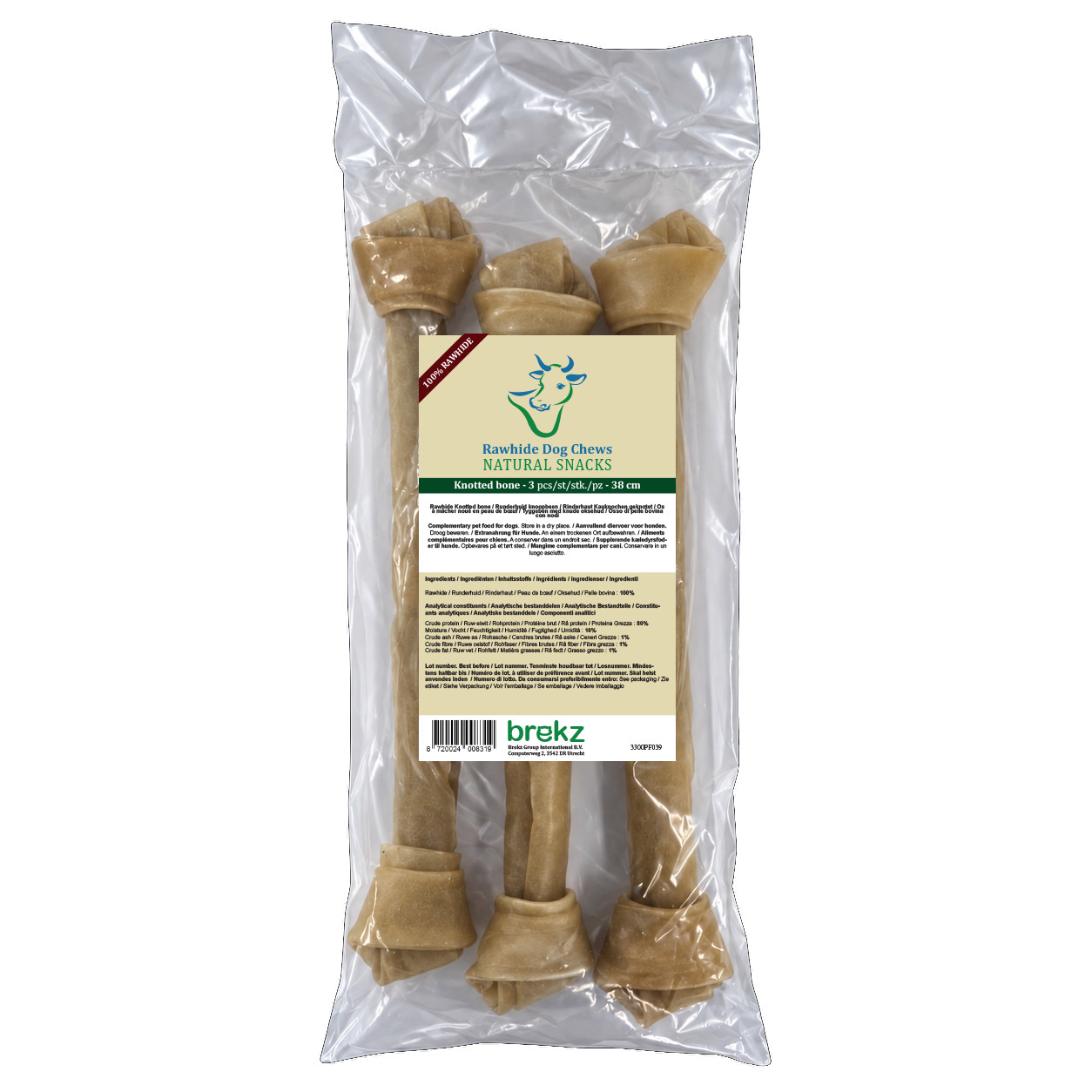 Brekz Rawhide - runderhuidbot geknoopt kauwsnack hond 38 cm